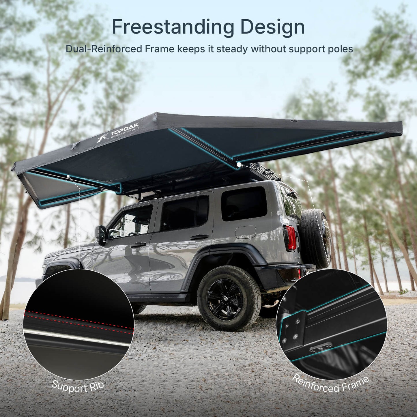 180 degree freestanding awning mounted on SUV, featuring reinforced frame and support ribs for stability without poles in outdoor camping setup