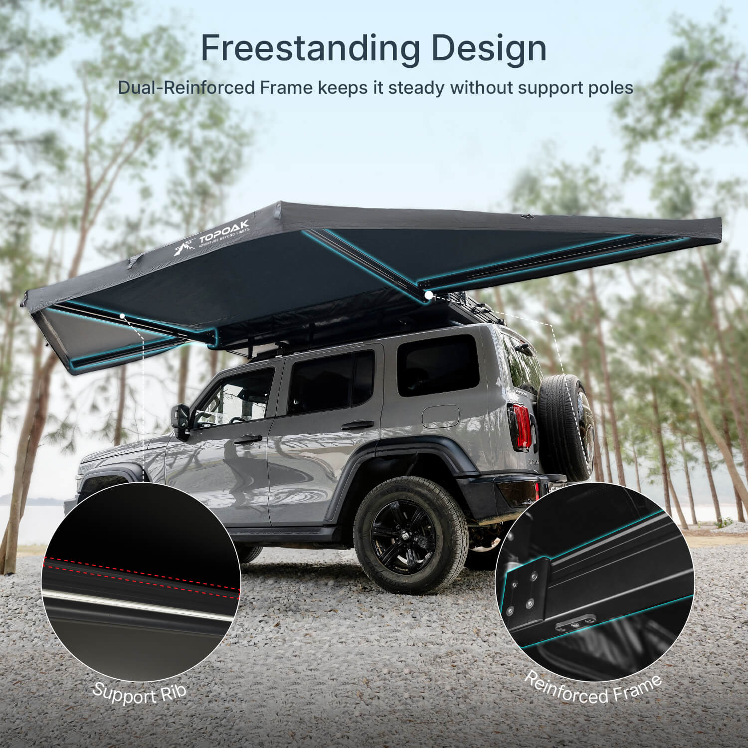 180 degree freestanding awning mounted on SUV, featuring reinforced frame and support ribs for stability without poles in outdoor camping setup