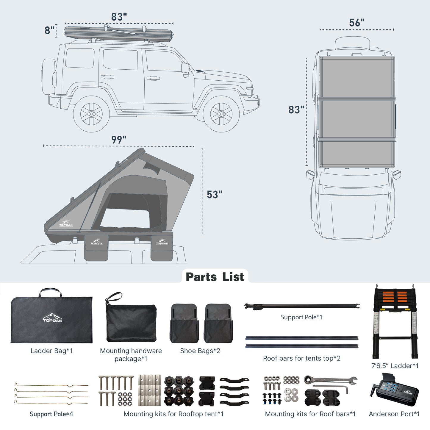 TOPOAK hard shell rooftop tent size diagram showing closed and open dimensions, vehicle fitment, ladder, roof bars, mounting hardware, support poles, shoe bags, and Anderson port included with the tent.