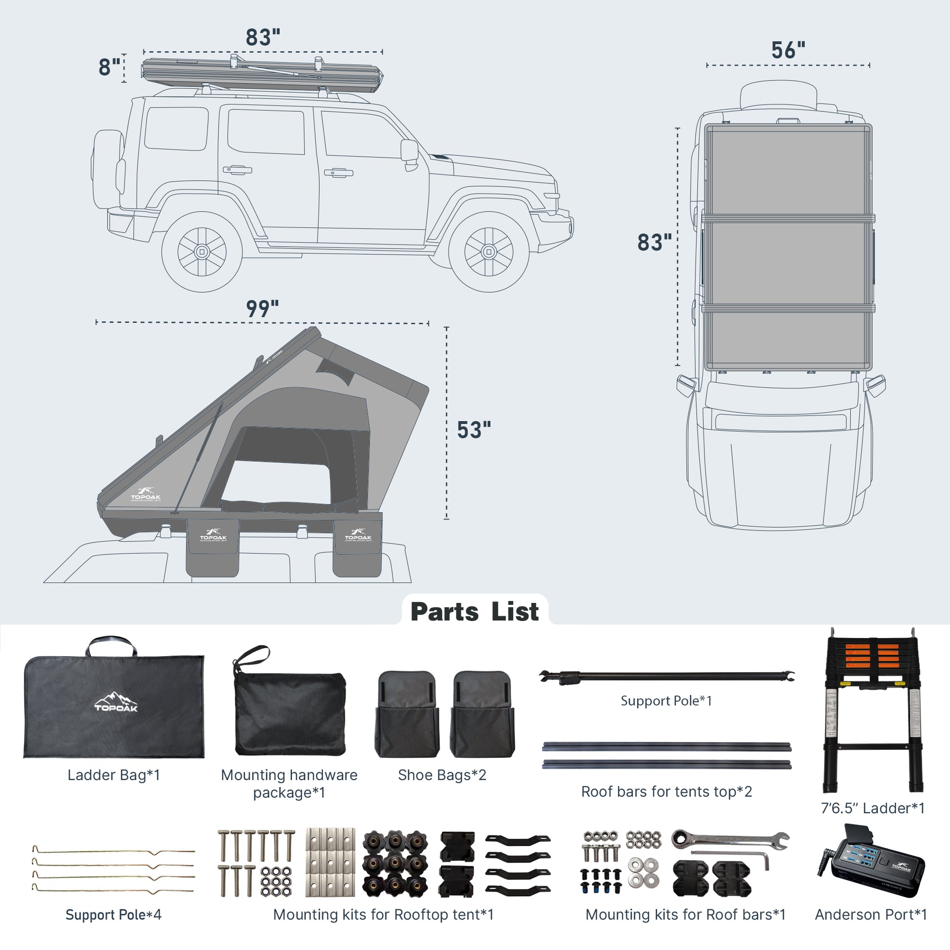 TOPOAK hard shell rooftop tent size diagram showing closed and open dimensions, vehicle fitment, ladder, roof bars, mounting hardware, support poles, shoe bags, and Anderson port included with the tent.