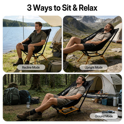 Adjustable camping chair with three modes including recline, upright, and ground mode for versatile outdoor comfort.