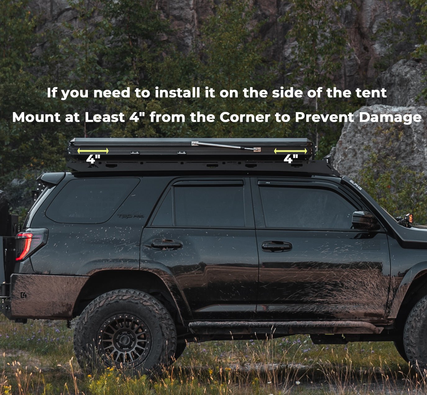 Car awning mounting spacing guide showing 4 inch clearance from corner