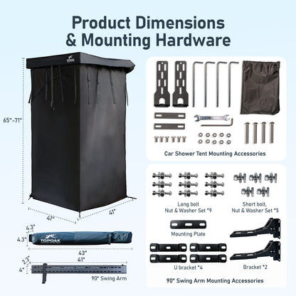 Dimensions and mounting hardware for car awning shower room including brackets bolts and installation accessories