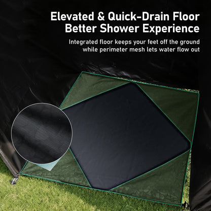 Quick drain elevated floor design in camping awning shower room keeping feet off the ground