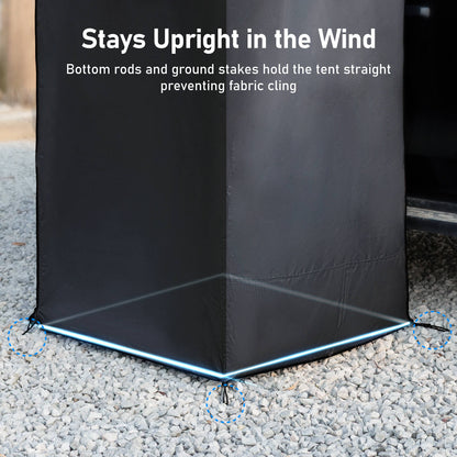 Car awning shower room with bottom rods and ground stakes to keep the privacy tent upright in windy conditions
