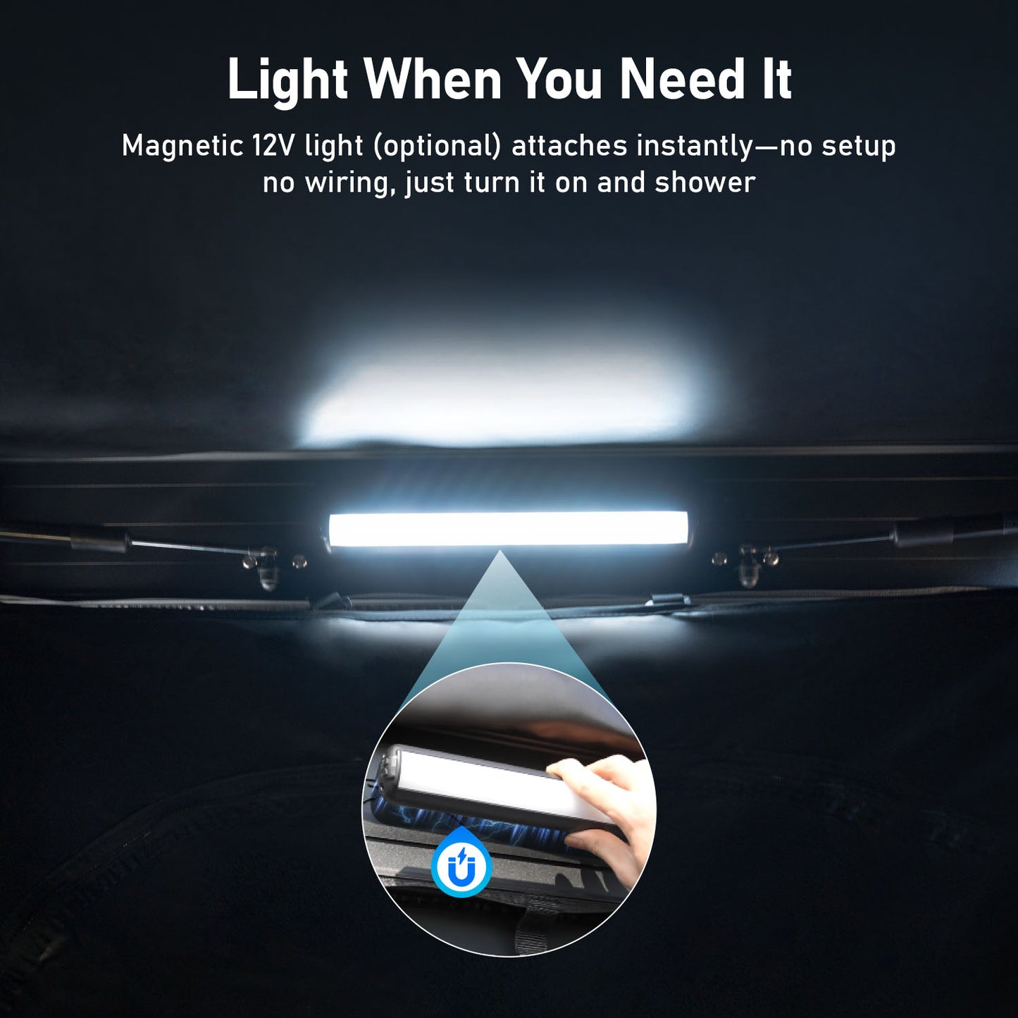 Magnetic 12V LED light installed inside car awning shower room for nighttime camping illumination