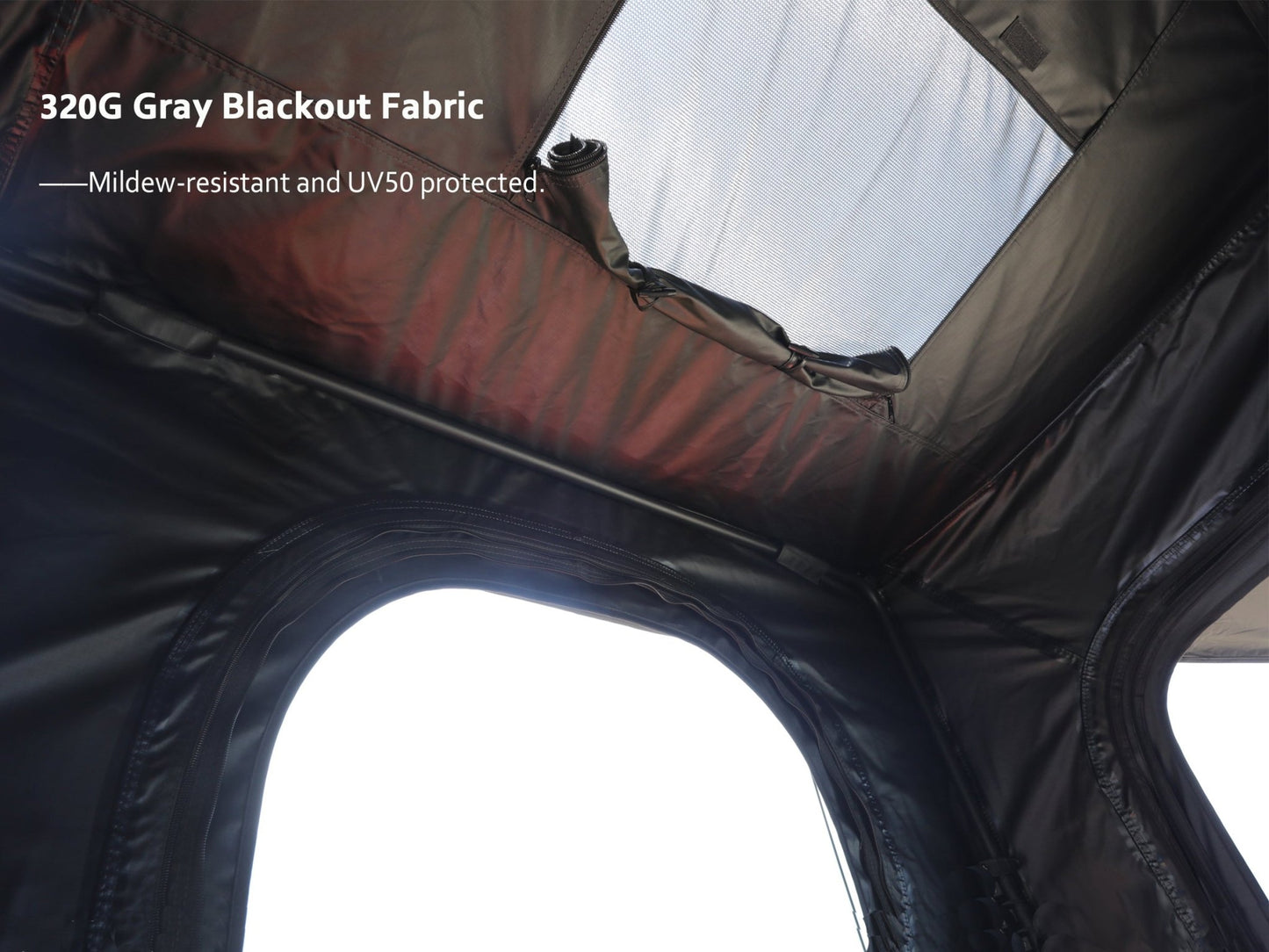 Interior view of TOPOAK Nebula rooftop tent featuring 320G gray blackout fabric that is mildew-resistant and UV50 protected for better comfort and durability.