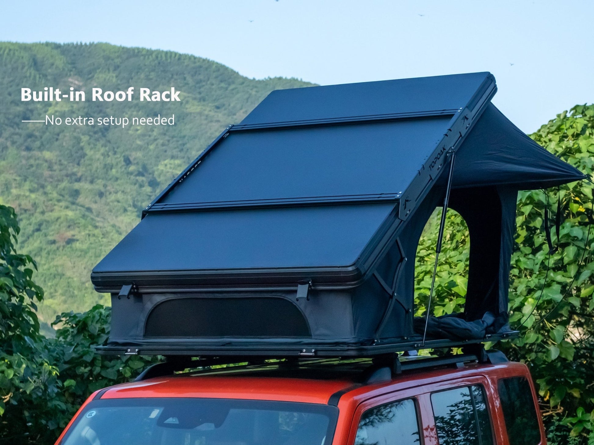 Open view of TOPOAK Nebula rooftop tent featuring a built-in roof rack.