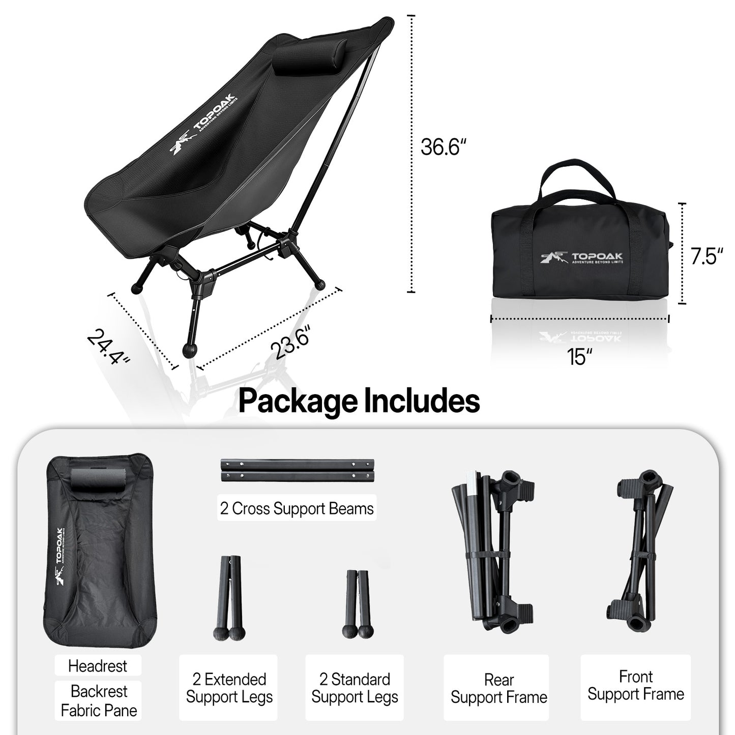 Camping chair dimensions and package contents including frame parts, fabric seat, support legs, and carry bag.