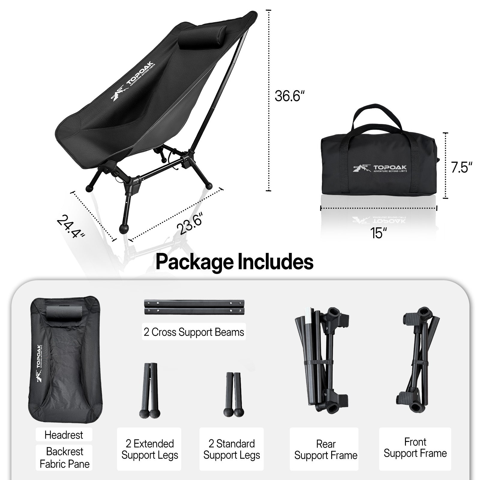 Camping chair dimensions and package contents including frame parts, fabric seat, support legs, and carry bag.
