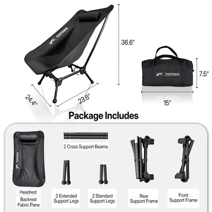 Camping chair dimensions and package contents including frame parts, fabric seat, support legs, and carry bag.