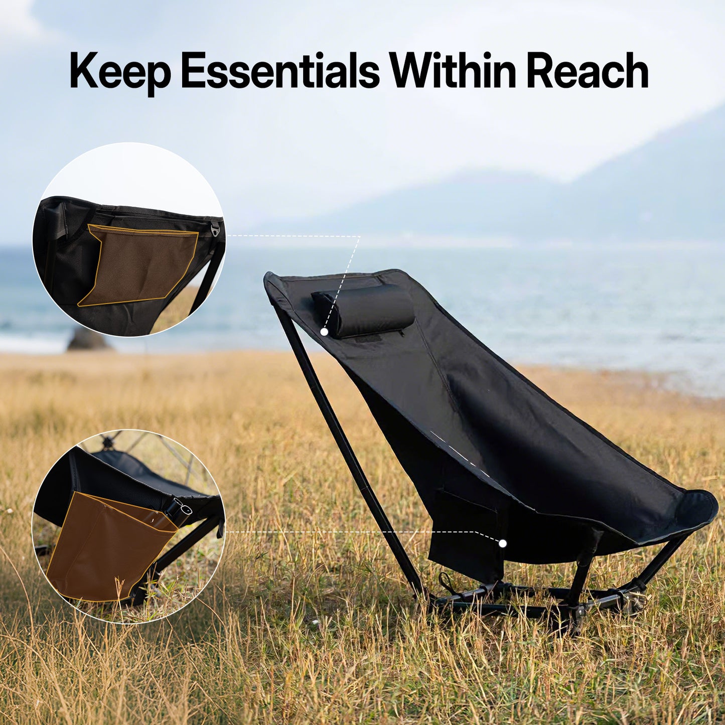 Camping chair with built-in storage pockets for easy access to essentials during outdoor use.