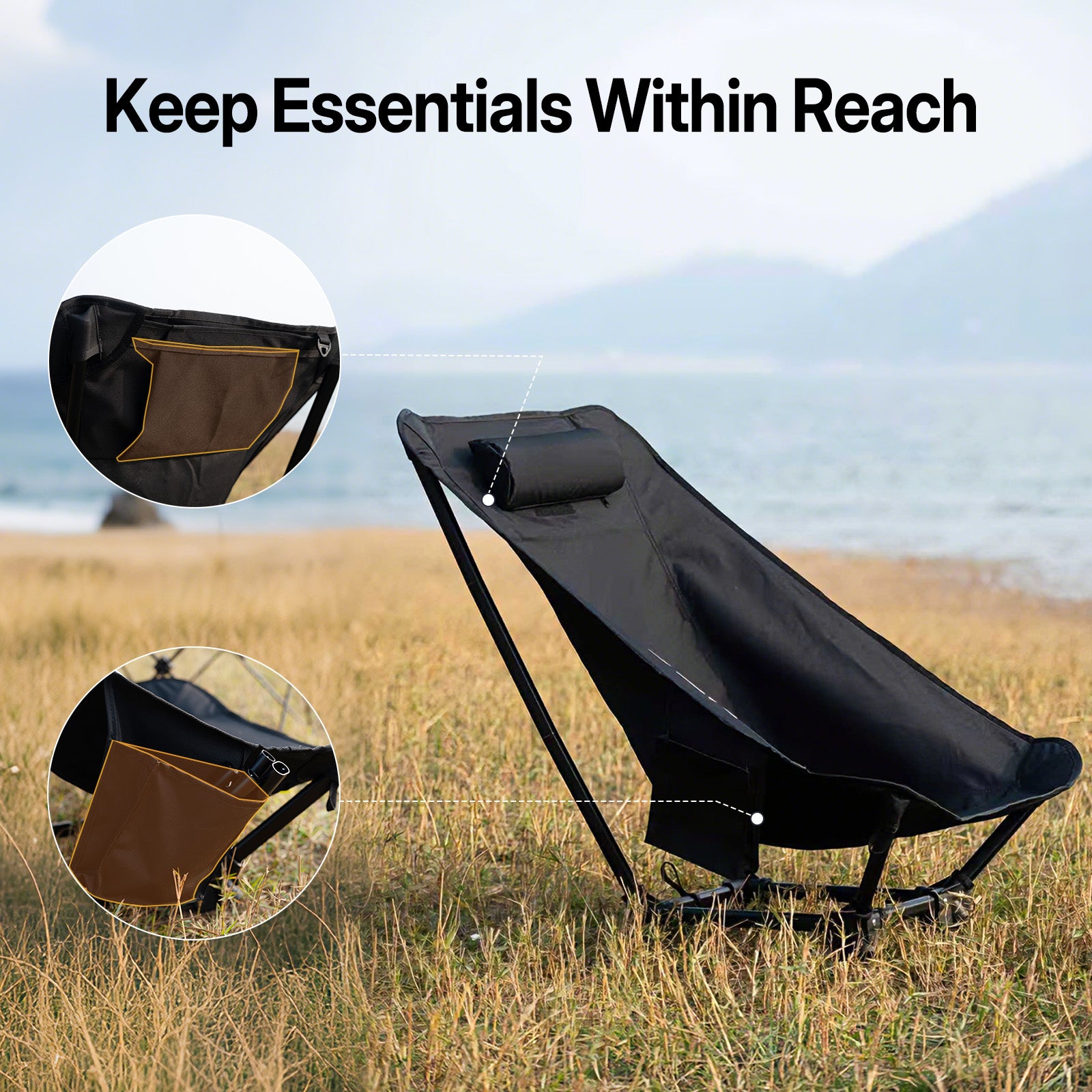 Camping chair with built-in storage pockets for easy access to essentials during outdoor use.