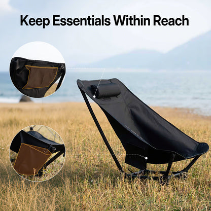 Camping chair with built-in storage pockets for easy access to essentials during outdoor use.