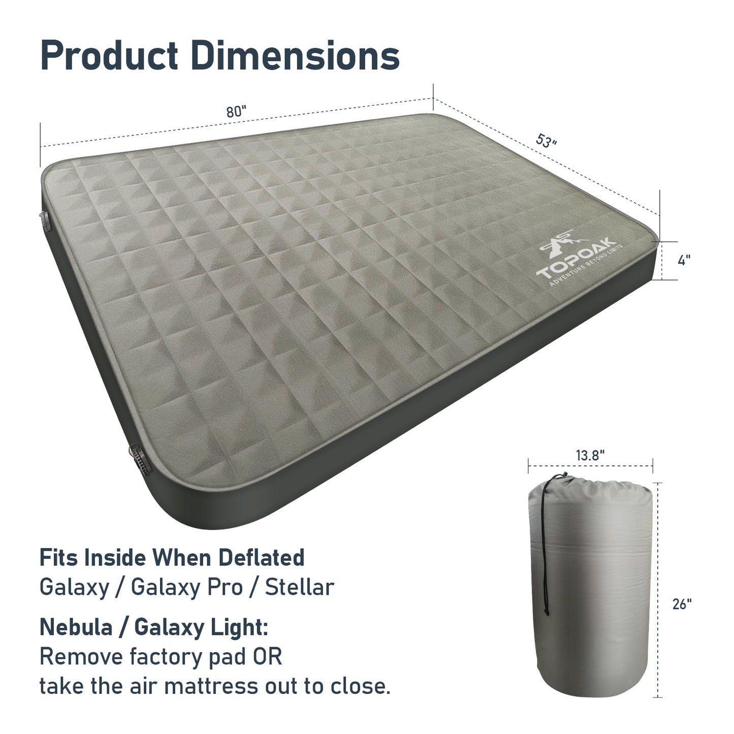 Dimension diagram showing the size of the inflatable air mattress and packed storage bag