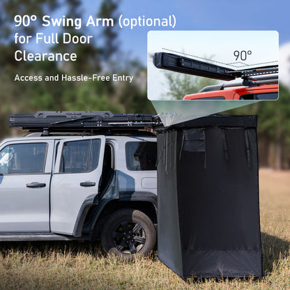 Car awning 90 degree swing arm providing full door clearance for easy vehicle access