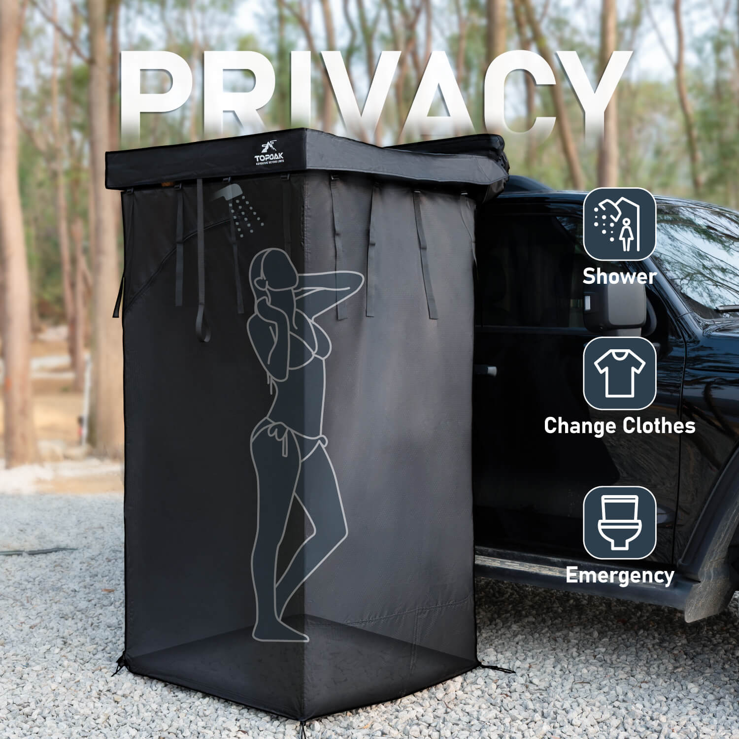 Vehicle mounted awning privacy shower tent for overland camping and outdoor changing