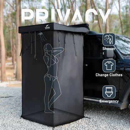 Vehicle mounted awning privacy shower tent for overland camping and outdoor changing