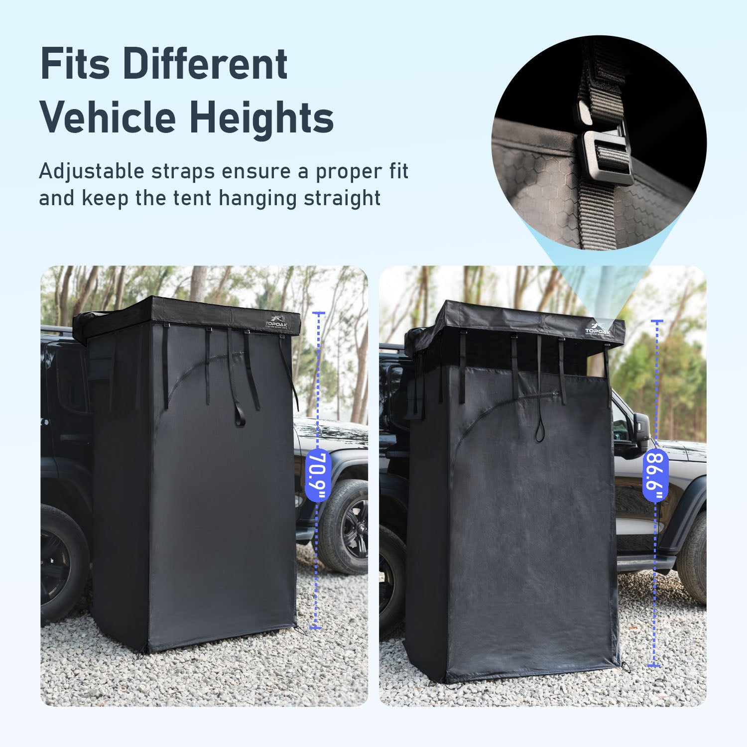 Adjustable strap system allowing the awning shower room to fit vehicles of different heights