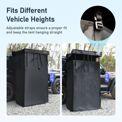 Adjustable strap system allowing the awning shower room to fit vehicles of different heights