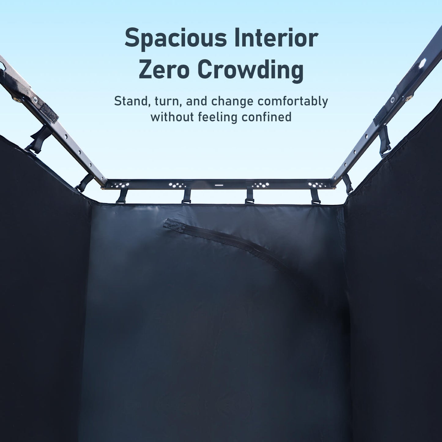 Large interior space inside vehicle mounted awning shower room privacy tent