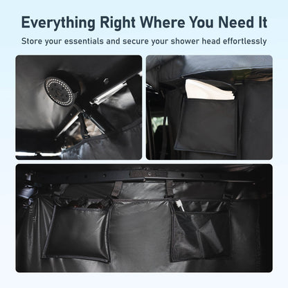 Car awning shower room interior storage pockets and shower head holder for camping organization