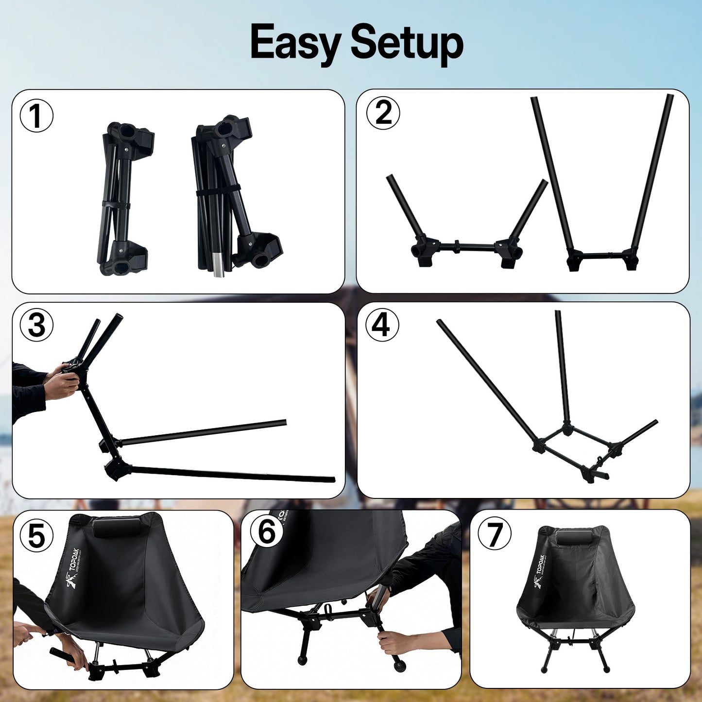 Step-by-step setup process of a camping chair showing frame assembly and fabric installation for quick and easy setup.