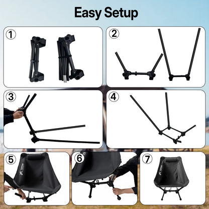 Step-by-step setup process of a camping chair showing frame assembly and fabric installation for quick and easy setup.