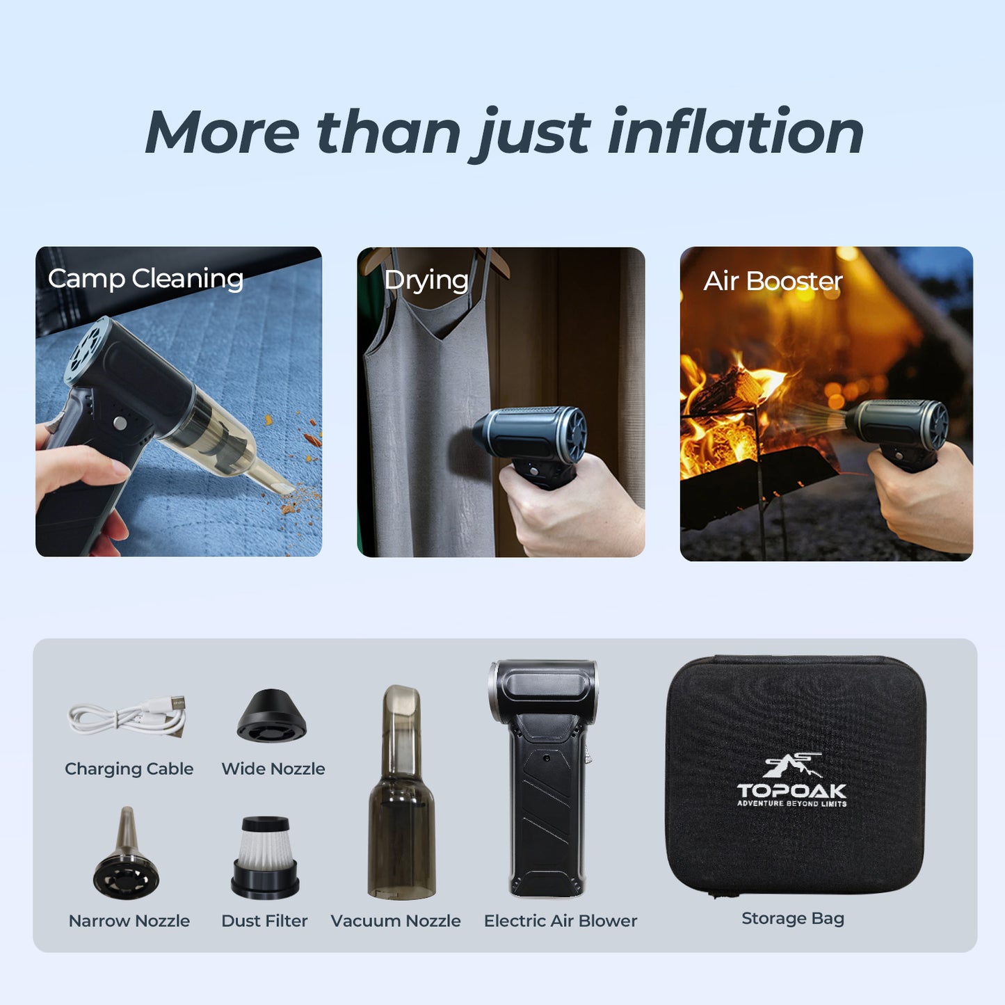 Electric air blower shown performing multiple tasks such as cleaning, drying, and boosting airflow, along with included nozzles, cable, and storage bag.