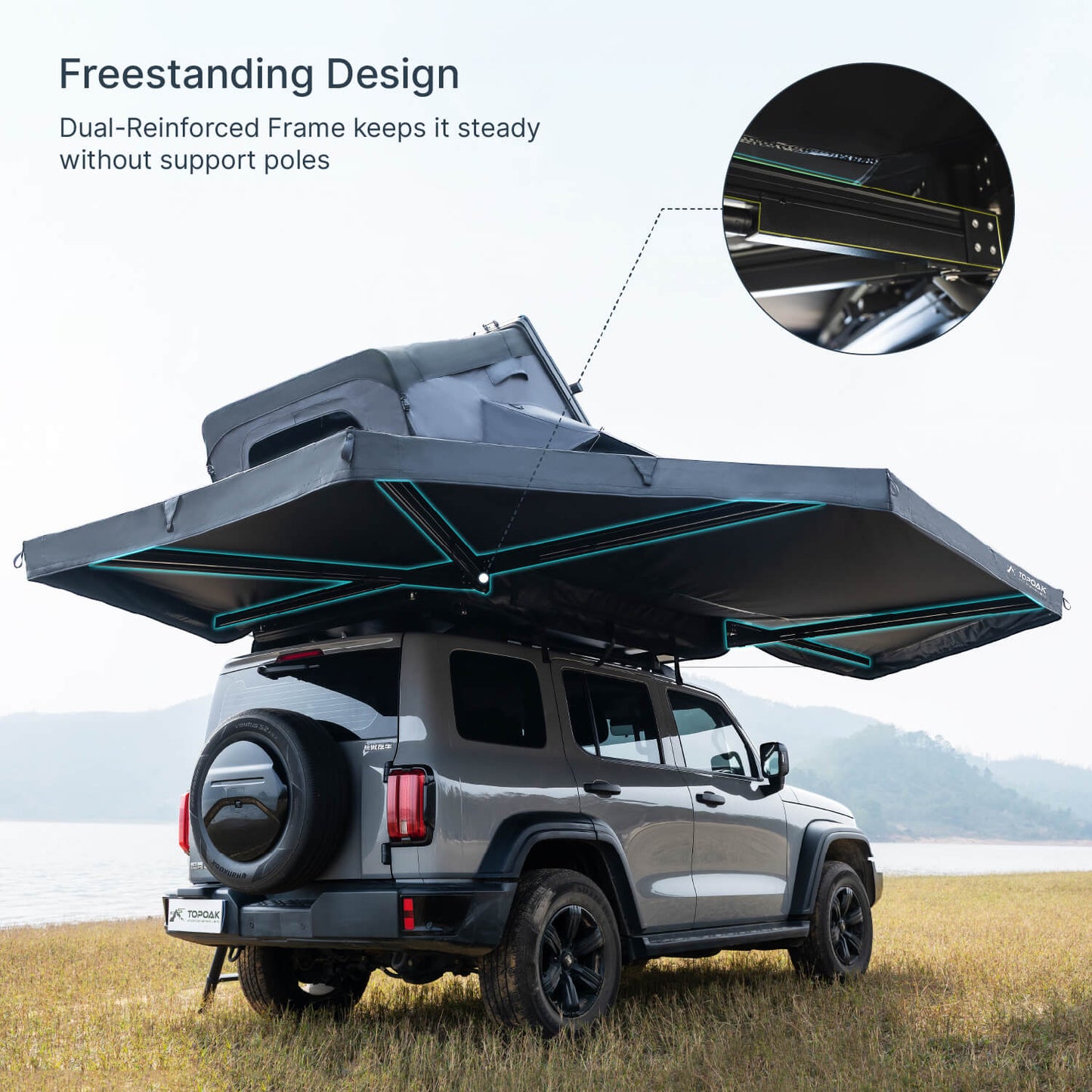 Freestanding car awning with no support poles on SUV