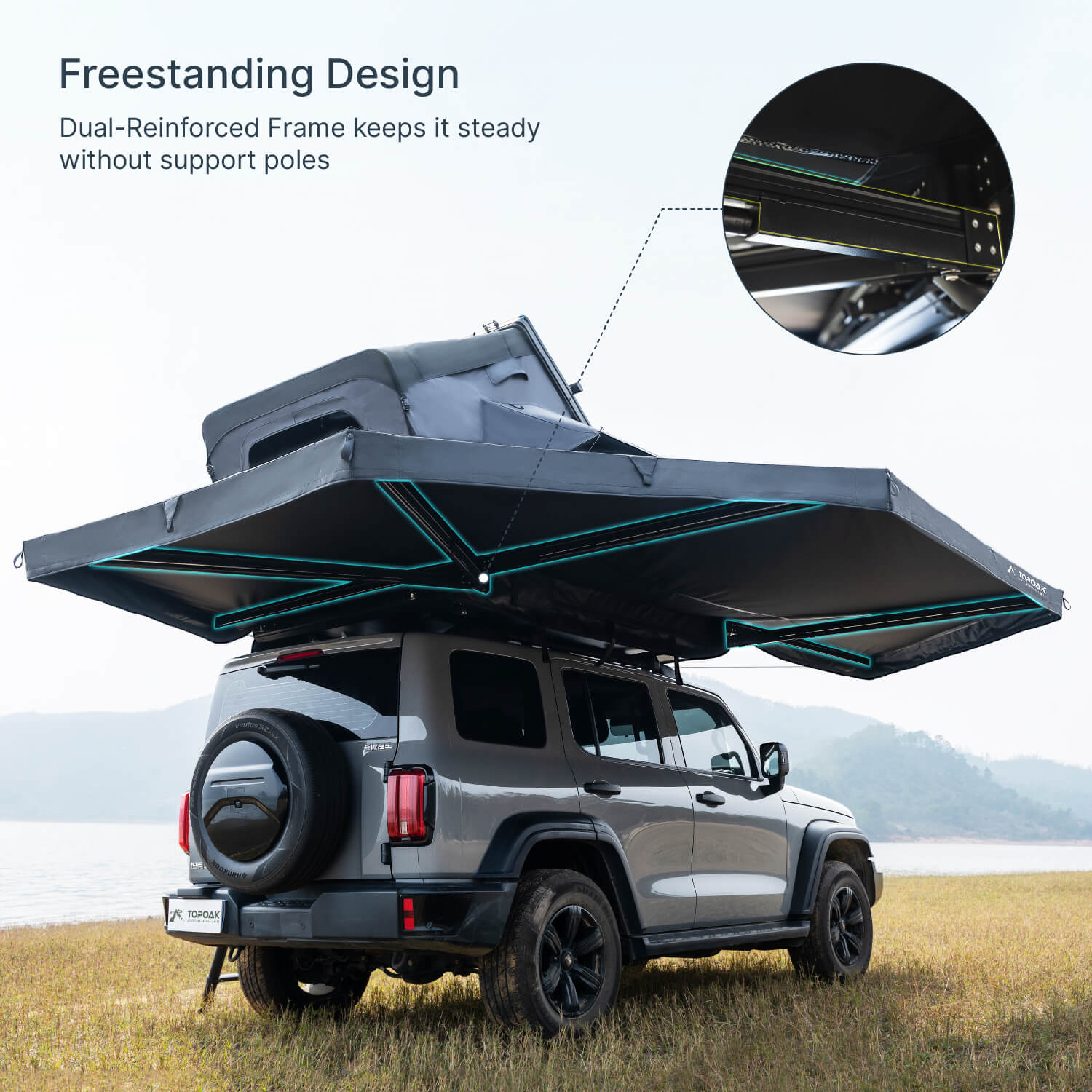 Freestanding car awning with no support poles on SUV