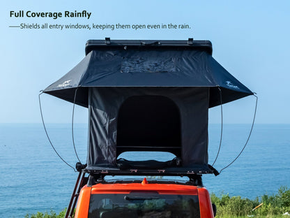 TOPOAK Nebula rooftop tent equipped with a full coverage rainfly for complete waterproof protection in heavy rain.