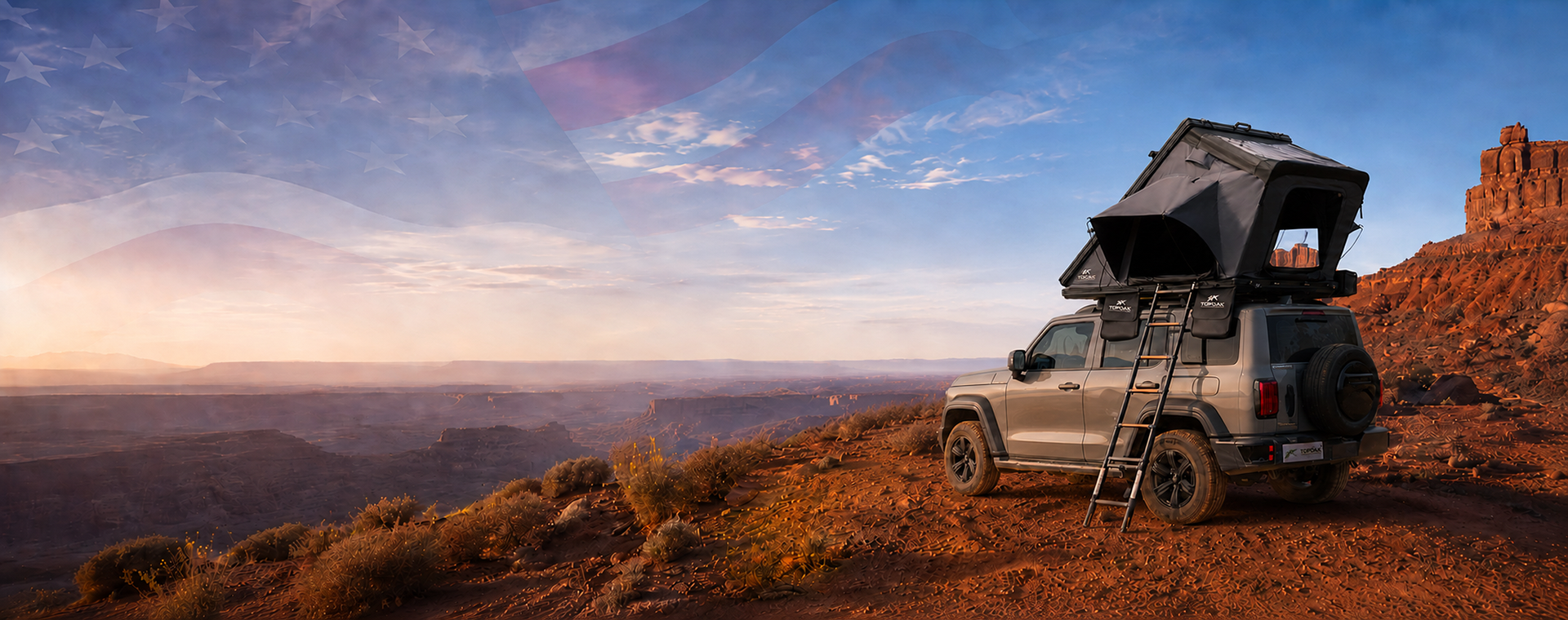 Independence Day and Member Day rooftop tent camping scene with a TopOak rooftop tent on an SUV in a desert canyon at sunset.
