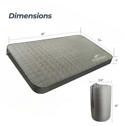 Dimensions of an inflatable mattress showing length, width, thickness, and packed storage size.