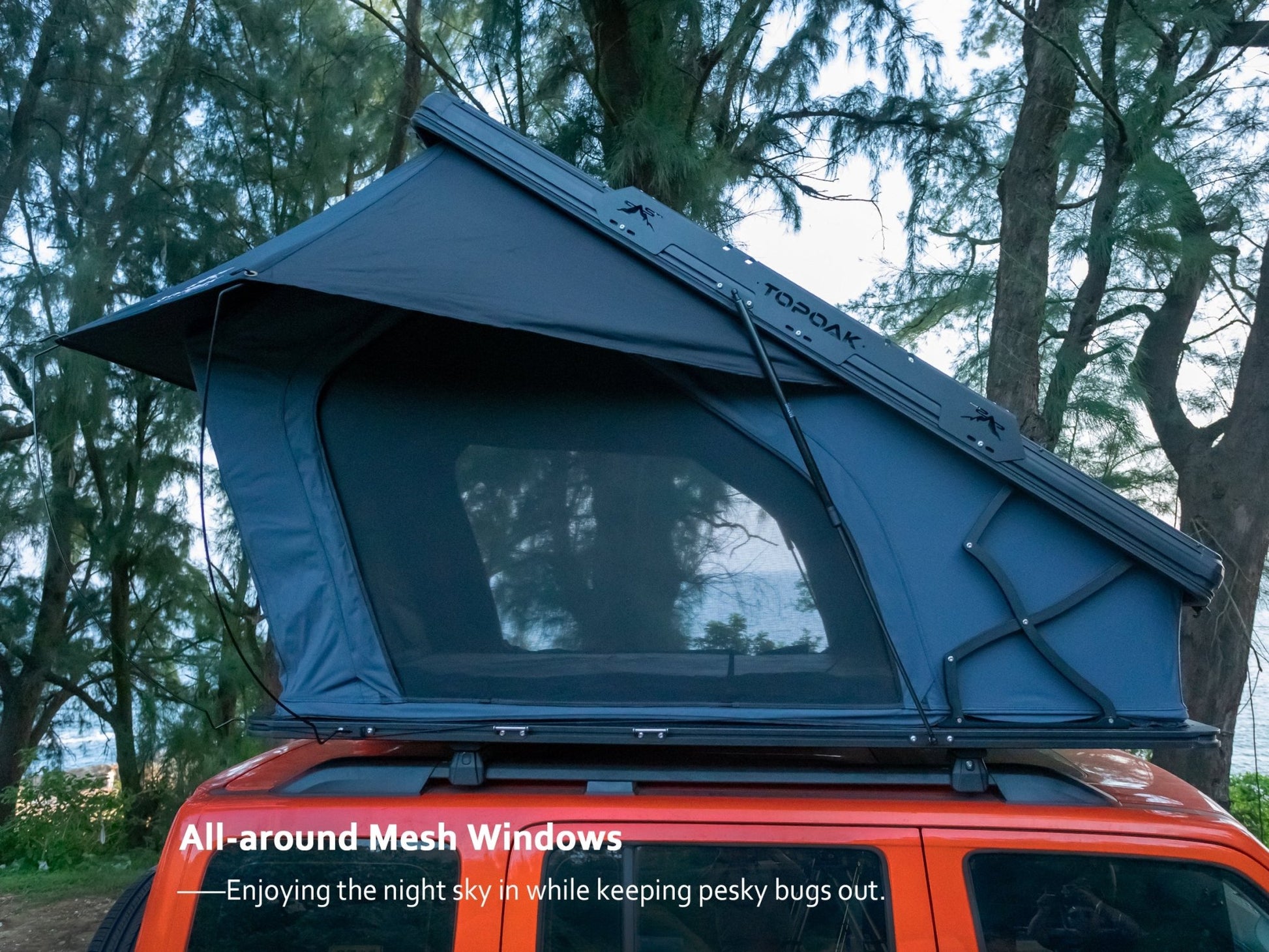 TOPOAK Nebula rooftop tent featuring all-around mesh windows for ventilation and insect protection, allowing you to enjoy the night sky comfortably.