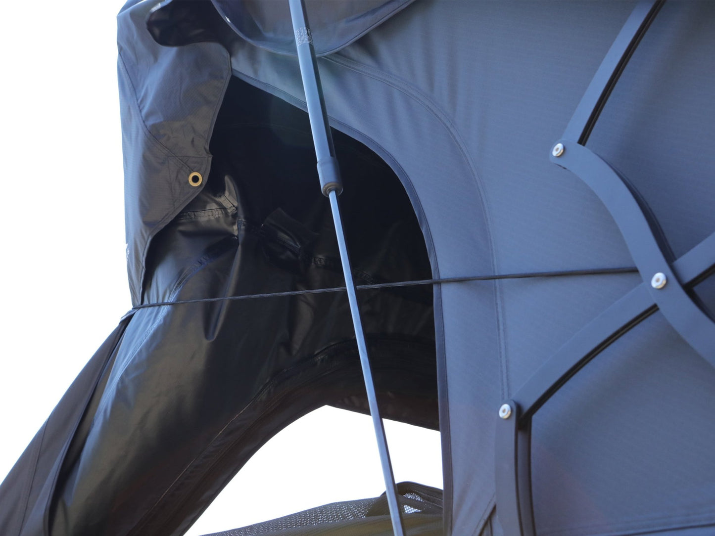 Open view of TOPOAK Nebula rooftop tent with German Stabilus gas struts extended, showing smooth lifting mechanism and strong structural support.