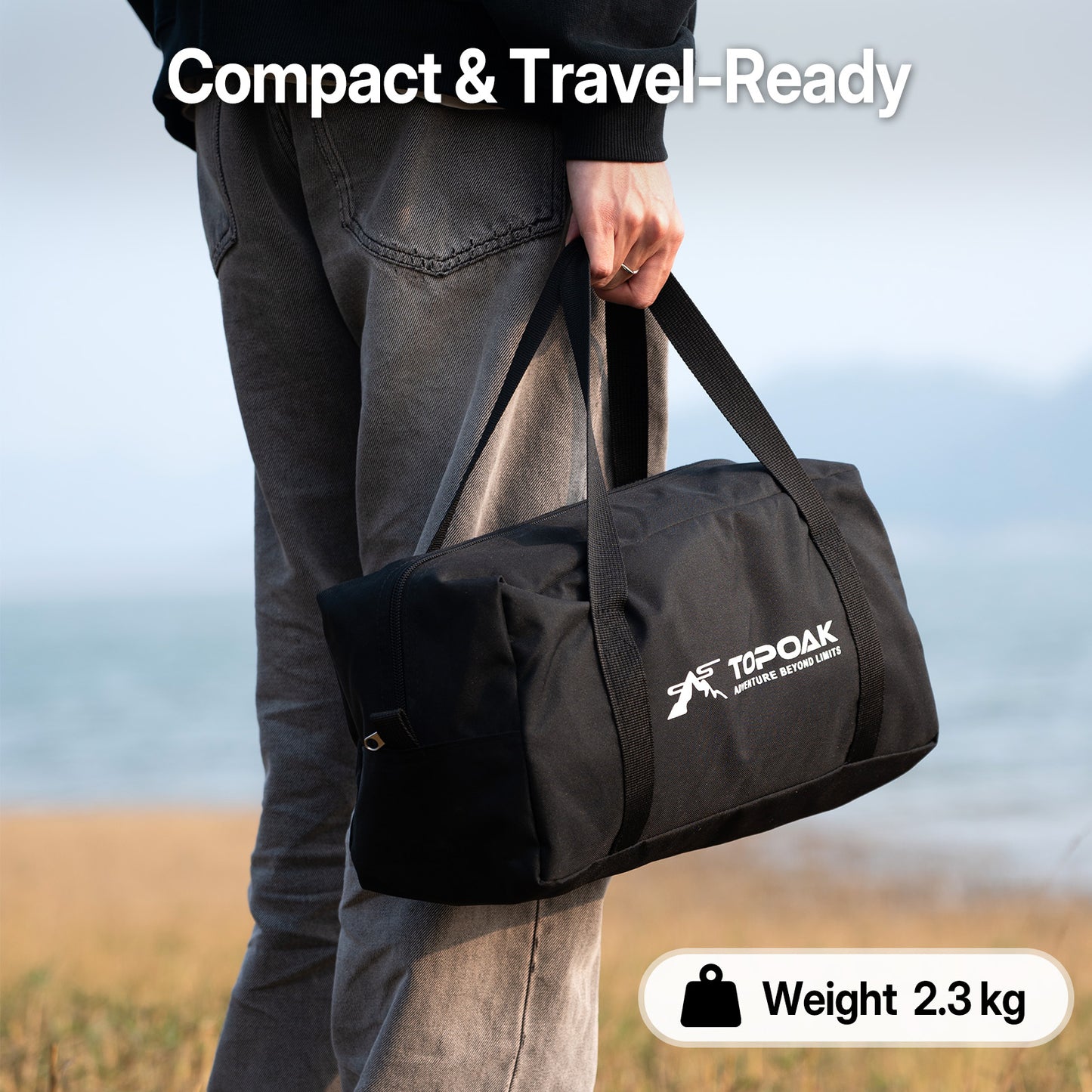 Portable camping chair packed in a carry bag, lightweight and easy to carry for travel and outdoor use.