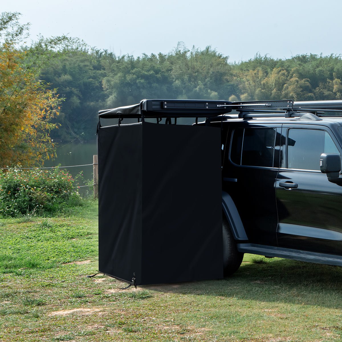 Overland vehicle awning shower room privacy tent attached to SUV for camping