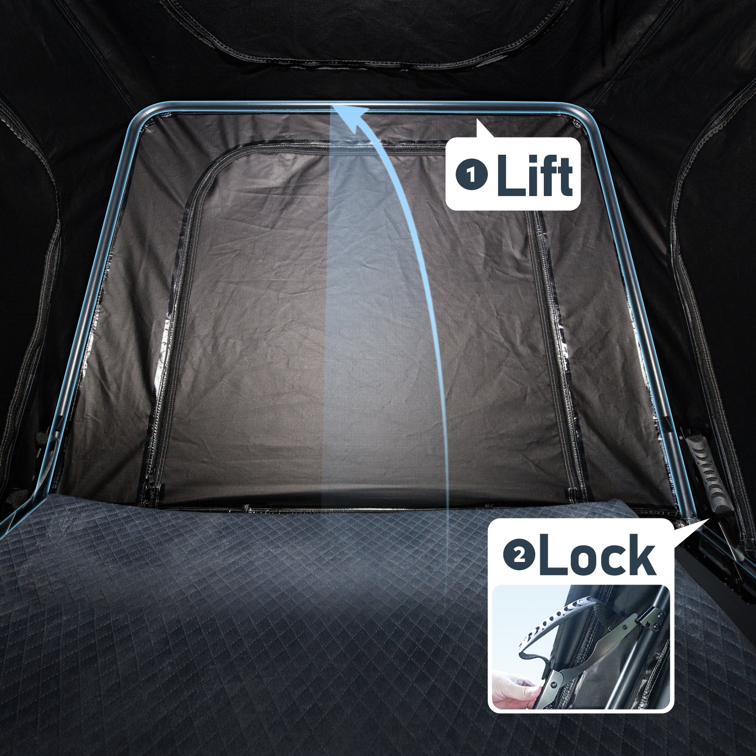 Lift and lock setup system inside hard shell rooftop tent for quick and easy installation
