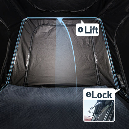Lift and lock setup system inside hard shell rooftop tent for quick and easy installation
