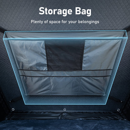 Interior storage bag inside rooftop tent for organizing camping gear and personal items
