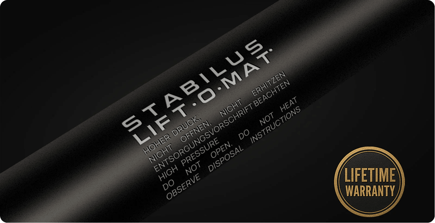 Stabilus Lift-O-Mat gas strut shown with a lifetime warranty badge for rooftop tent support.