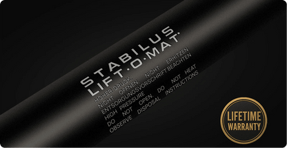 Stabilus Lift-O-Mat gas strut shown with a lifetime warranty badge for rooftop tent support.