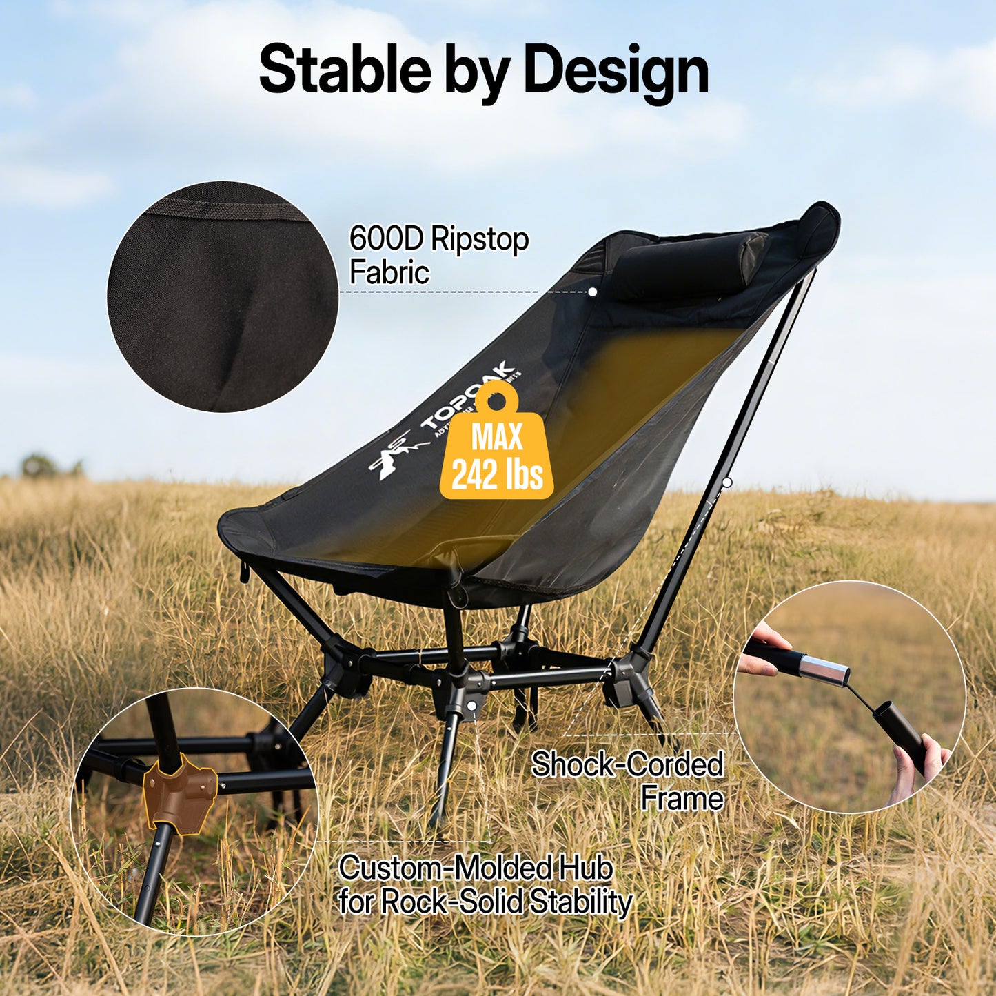 Stable camping chair with 600D ripstop fabric, shock-corded frame, and reinforced hub design supporting up to 242 lbs.