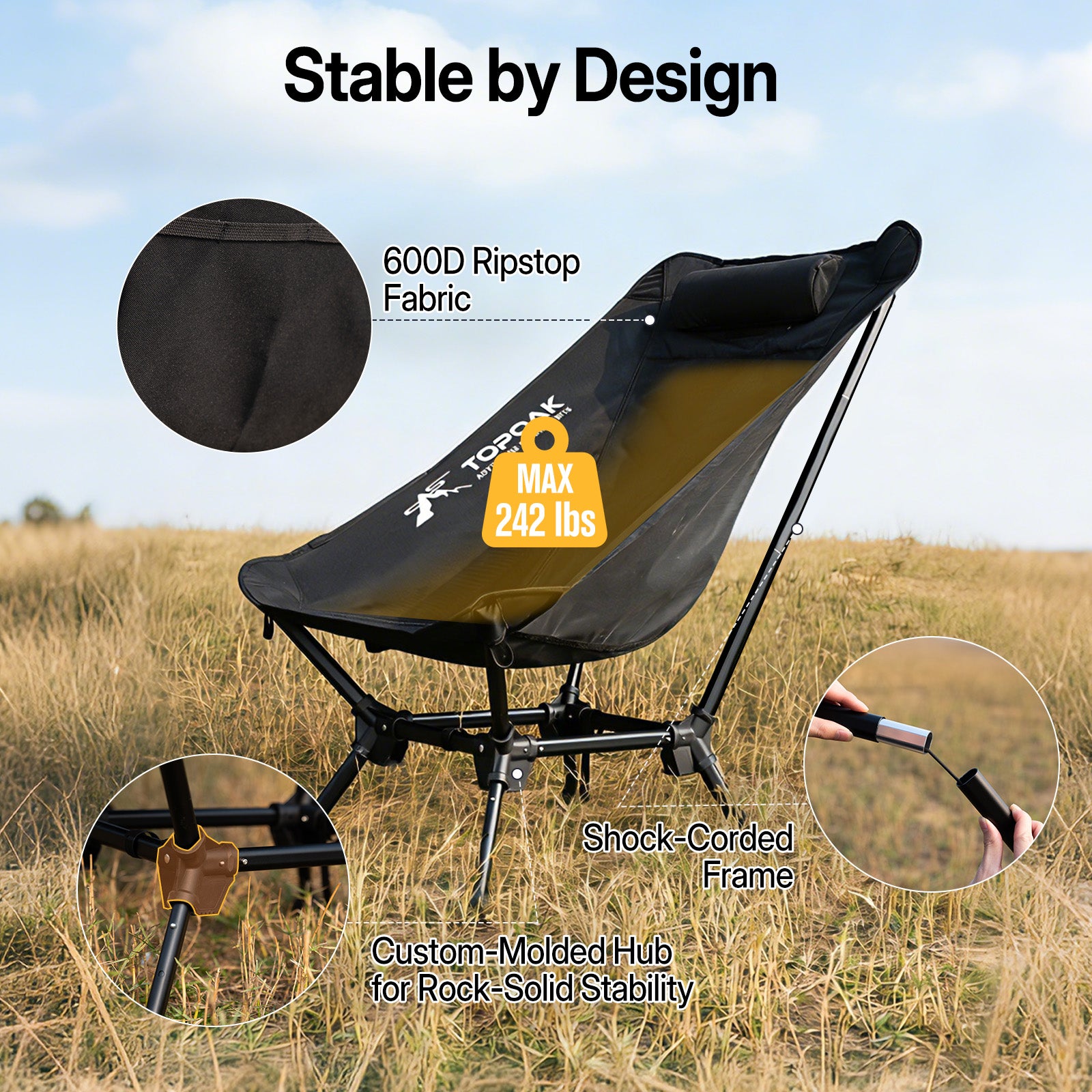 Stable camping chair with 600D ripstop fabric, shock-corded frame, and reinforced hub design supporting up to 242 lbs.