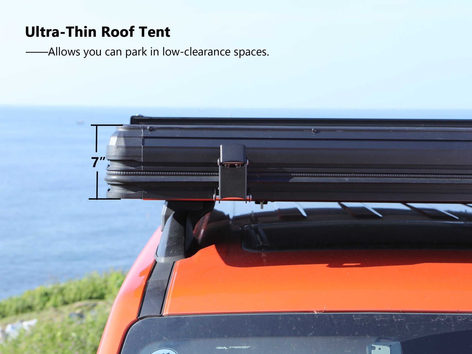 Side profile view of TOPOAK Nebula rooftop tent showing its thickness and low-profile design.