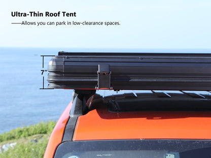 Side profile view of TOPOAK Nebula rooftop tent showing its thickness and low-profile design.