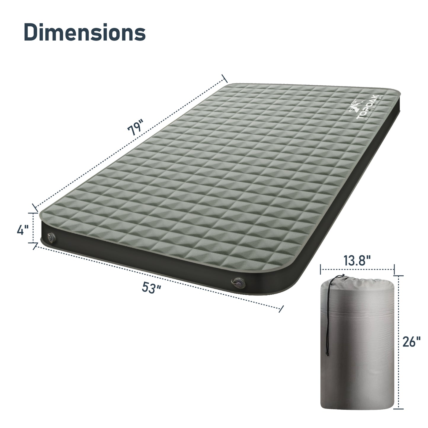 camping sleeping pad with size dimensions and packed storage size