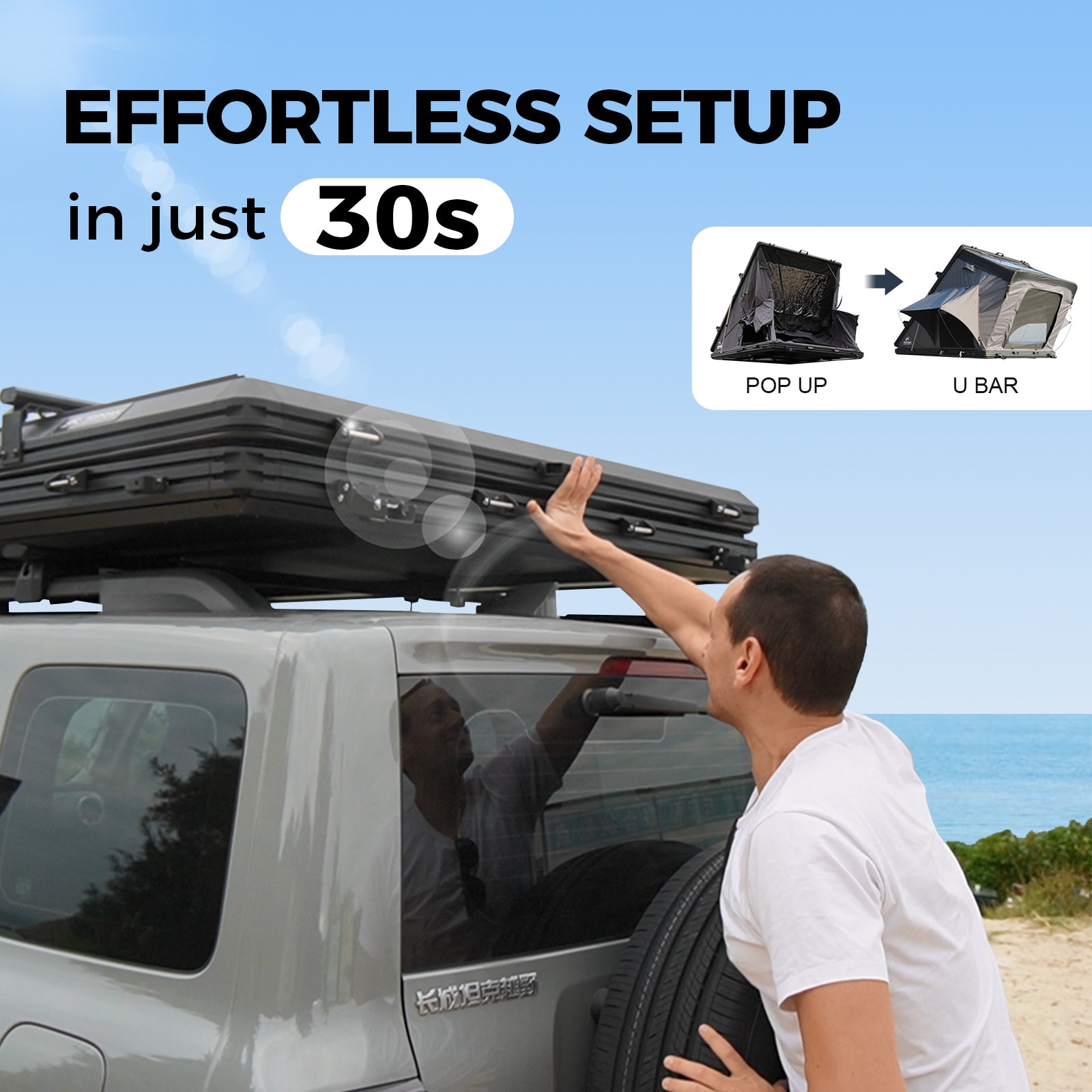 TOPOAK Stellar rooftop tent showing quick and effortless setup in about 30 seconds