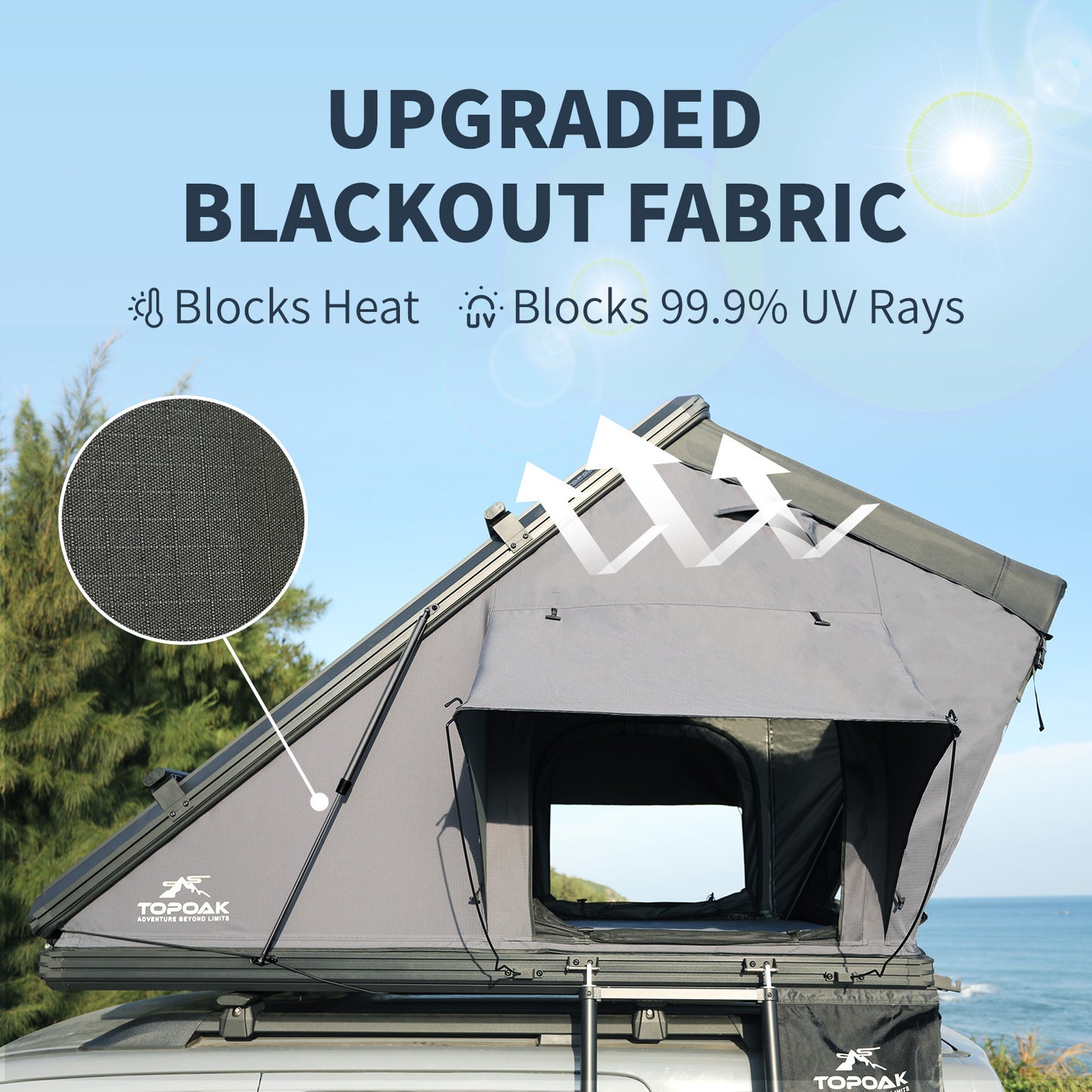Upgraded blackout fabric on the TOPOAK Stellar rooftop tent for improved light blocking
